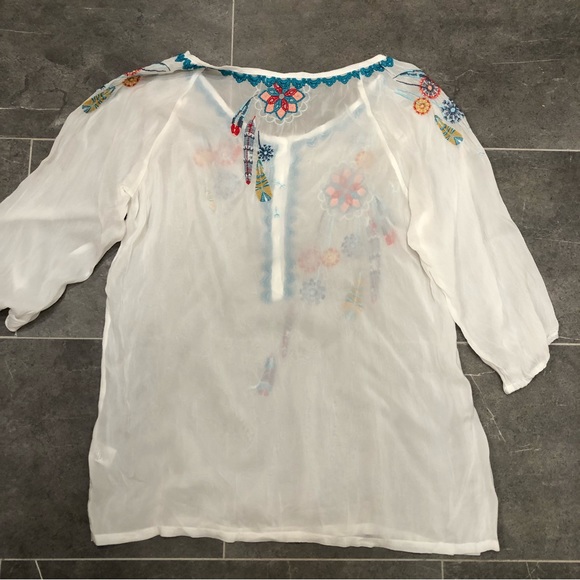 Johnny Was white sheer embroidered blouse button dream catcher dandelion feather - Picture 2 of 10